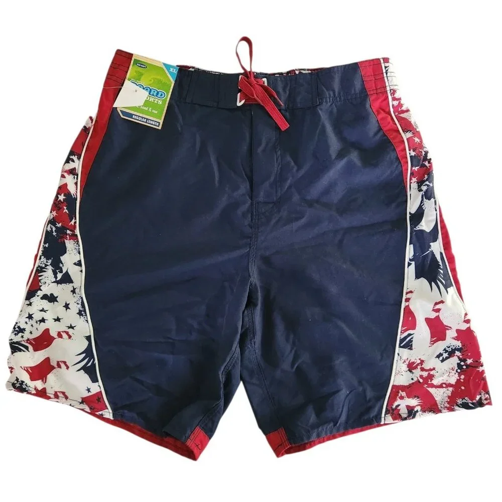 Old Navy Board Shorts Red White & Blue Regular Length Teen Boys XL (W32-9I)‎ NEW